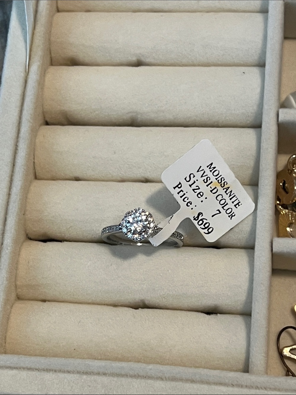 Moissanite Halo Solitaire Engagement Ring in Silver - Size 7